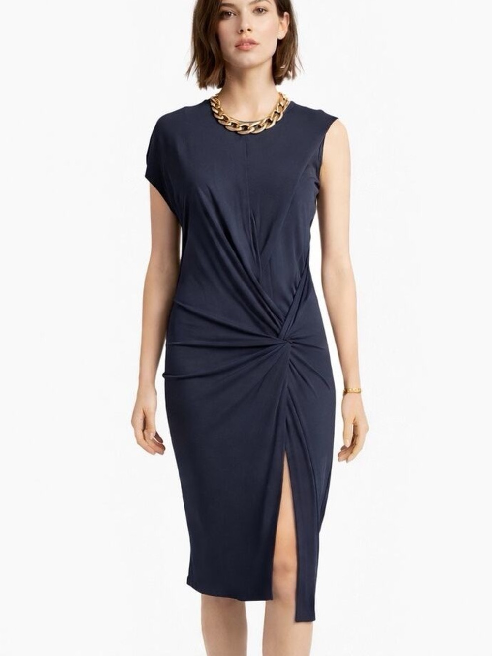 Helmut Lang Navy Blue Asymmetrical Jersey Knit Shift Dress Ruched Hip Knot Midi